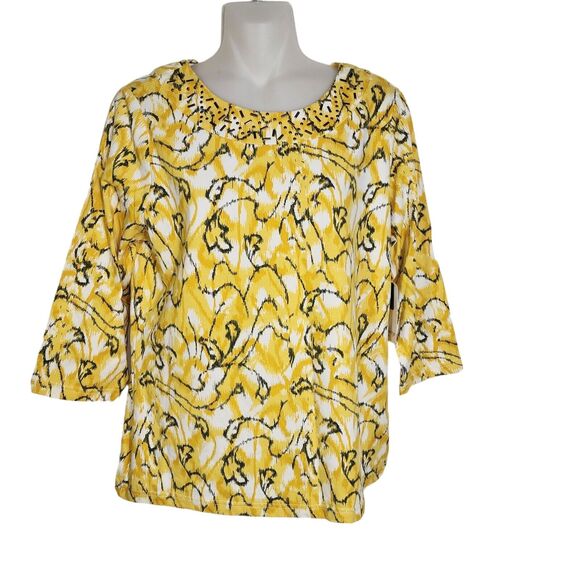 Breckenridge Petite Womens Top Size PM Yellow Black Embellished Neck 3/4 Sleeve - Picture 1 of 10